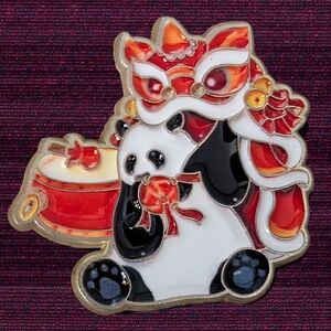 Panda with Red Lion Dance Mask and Drum Enamel Pin